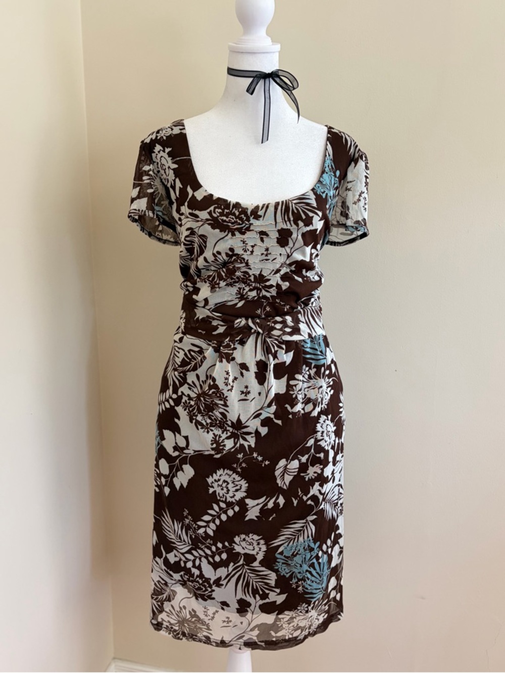 Vintage Y2K fairy coquette floral micro mesh brown midi dress ruffle summer 16W